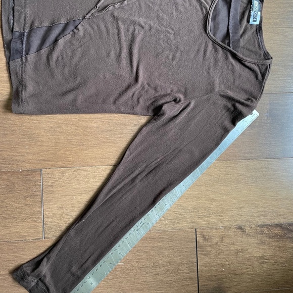 Long Sleeve Tee Dressy. Top Sheer Neck, Raw Seems, Flattering Criss Cross - Picture 9 of 10